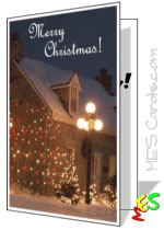 white Christmas photo, house, Christmas lights, card to print