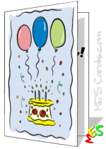 birthday card to print, cake, candles, balloons
